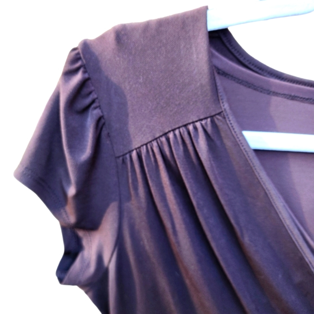 Merona Brown Pleated Cap Sleeve Bodyshaper Lined Crossed V Neck Size S - Picture 2 of 6